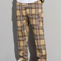 Vintage Plaid Cargo Pants Men's Flap Pocket Straight Trousers