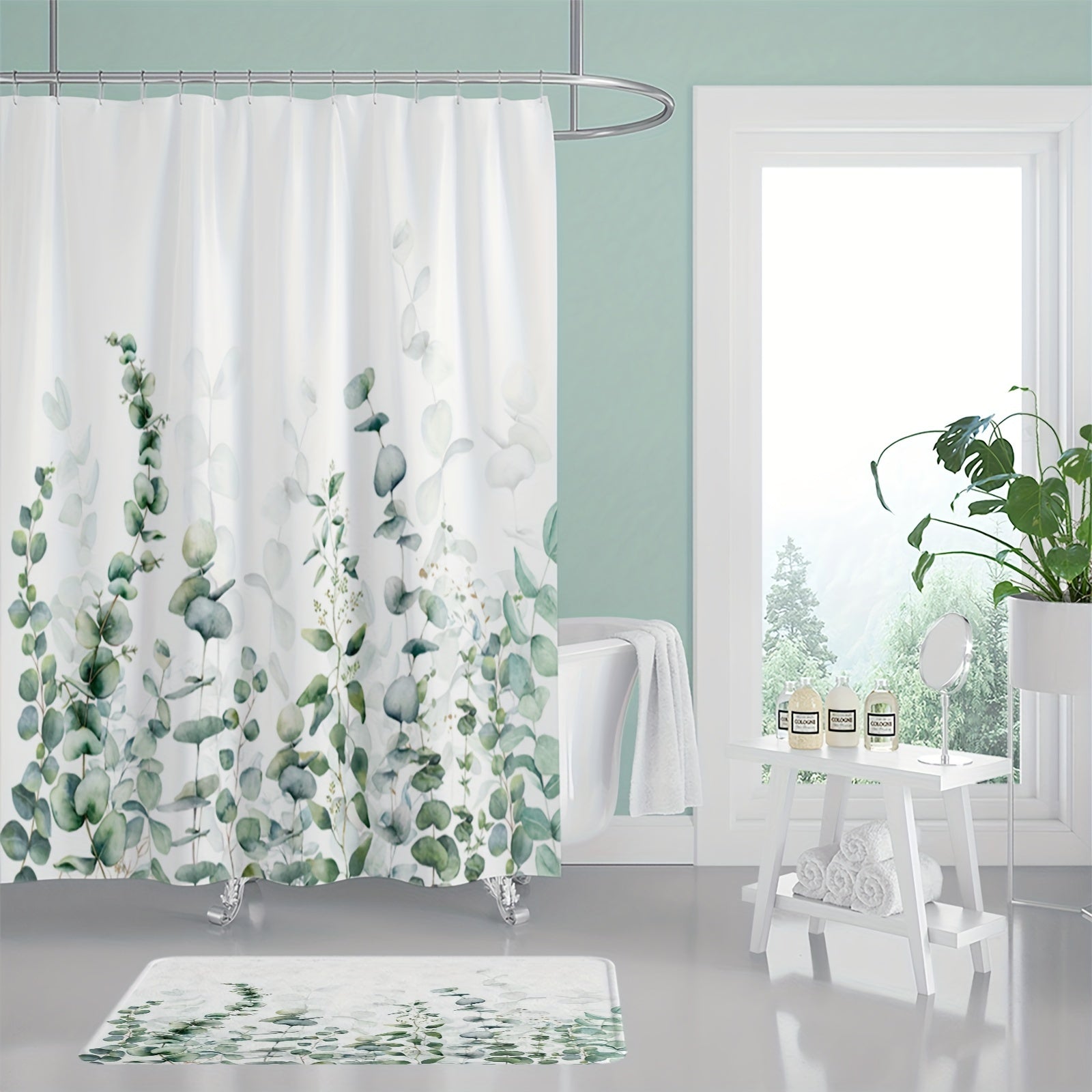 Watercolor Plant Shower Curtain Set Bathroom Decor 12 Hooks