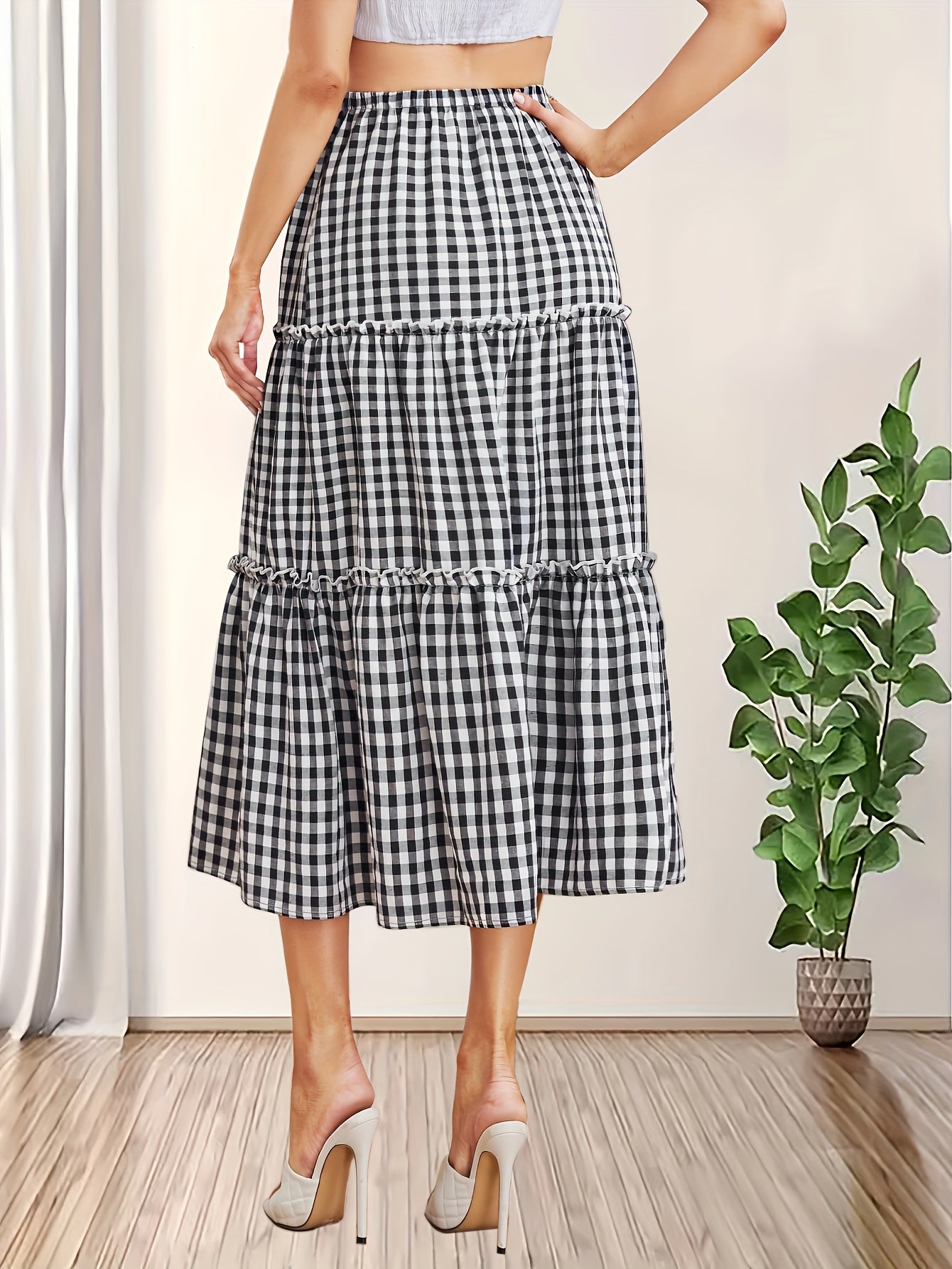Plaid Print Ruffle Trim Skirt High Waist Casual Skirt