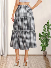 Plaid Print Ruffle Trim Skirt High Waist Casual Skirt