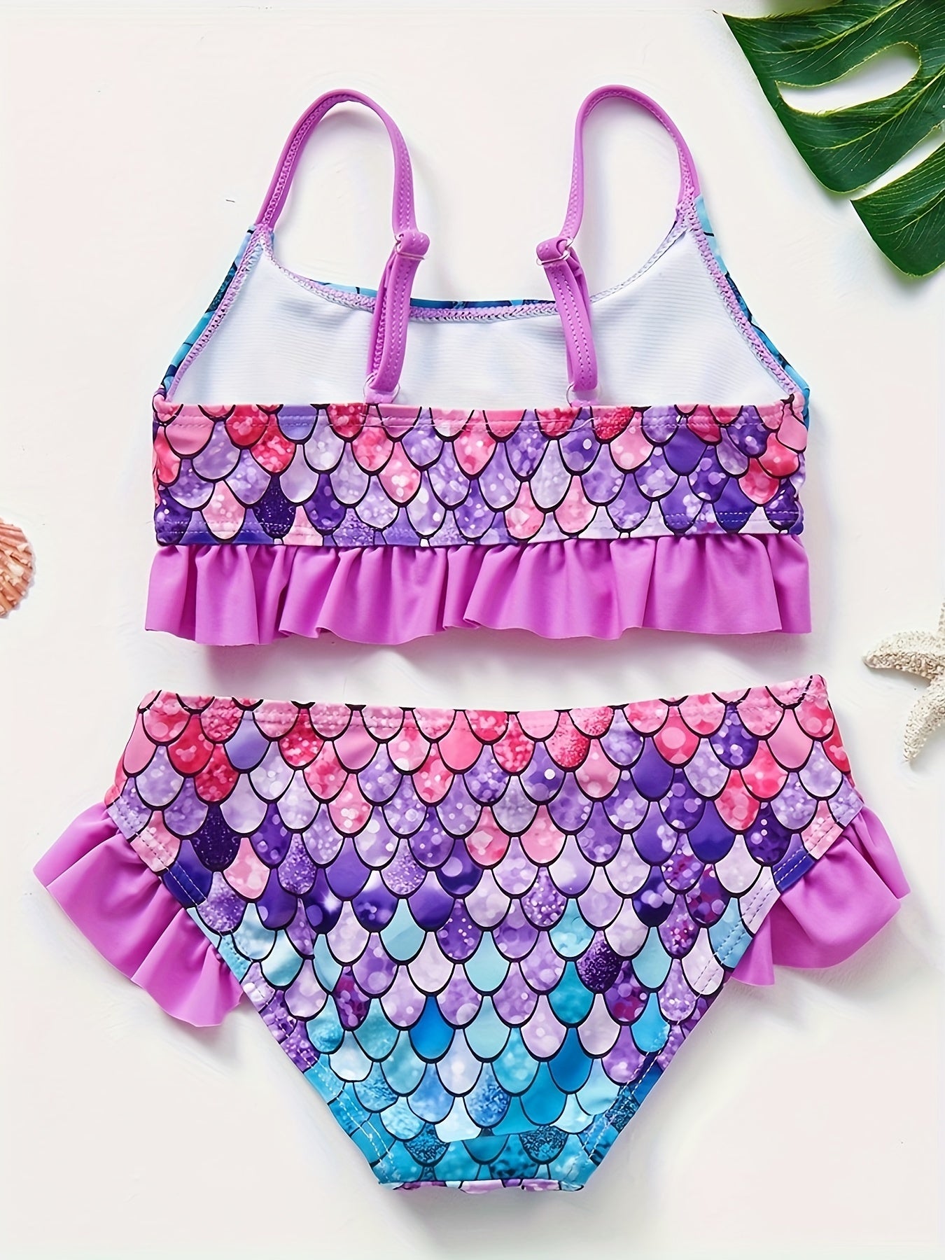 Girls Swimsuit Stylish Fish Scale Print 3-12 Years Split Shorts & Top