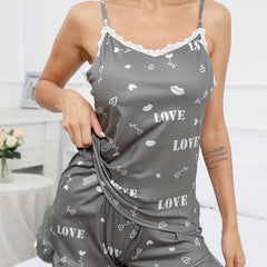 Heart & Letter Print Pajama Set with Lace Trim V Neck Cami Top & Ruffle Shorts