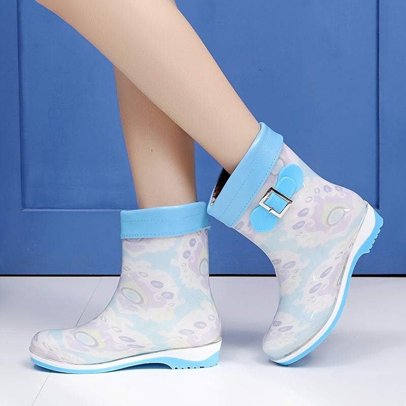 Women's Buckle Strap Short Rain Boots Waterproof Jelly Outdoor Shoes