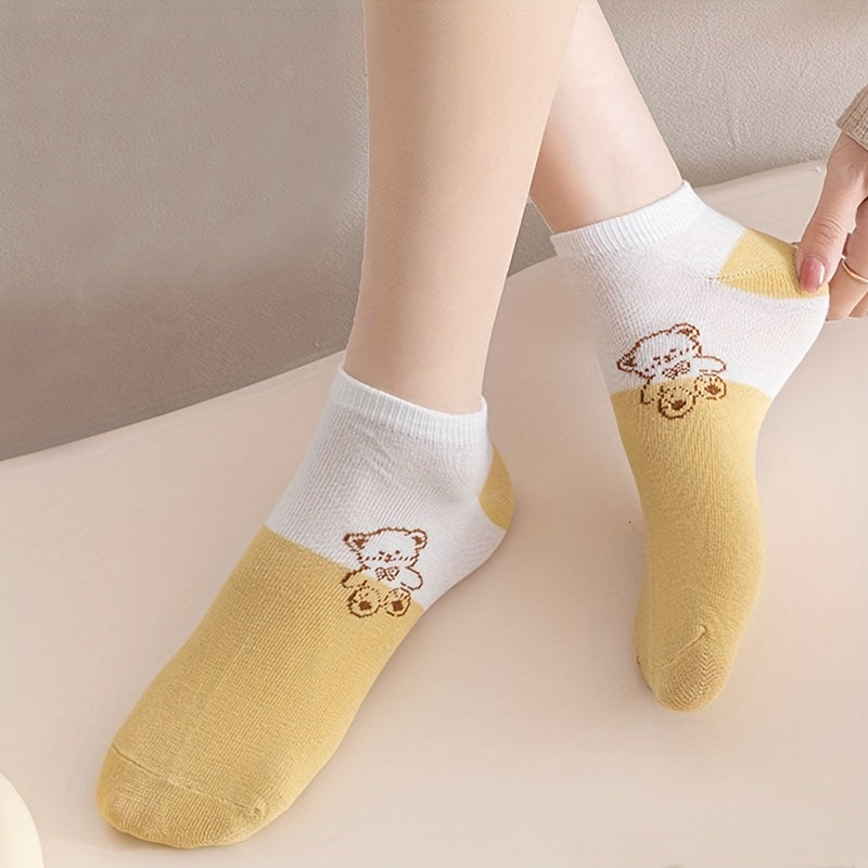 5 Pairs Cartoon Bear Print Socks & Lightweight Low Cut Ankle Socks