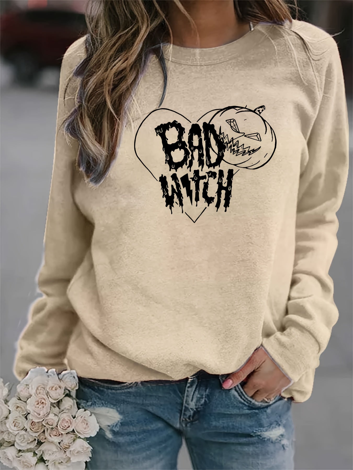 Halloween Bad Witch Print Sweatshirt Long Sleeve Crew Neck Women's Clothing