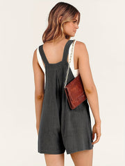 Pleated Pocket Romper Jumpsuit Button Loose