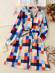 Girls' Stripe Long Sleeve Collared Shirt Dress With Belt