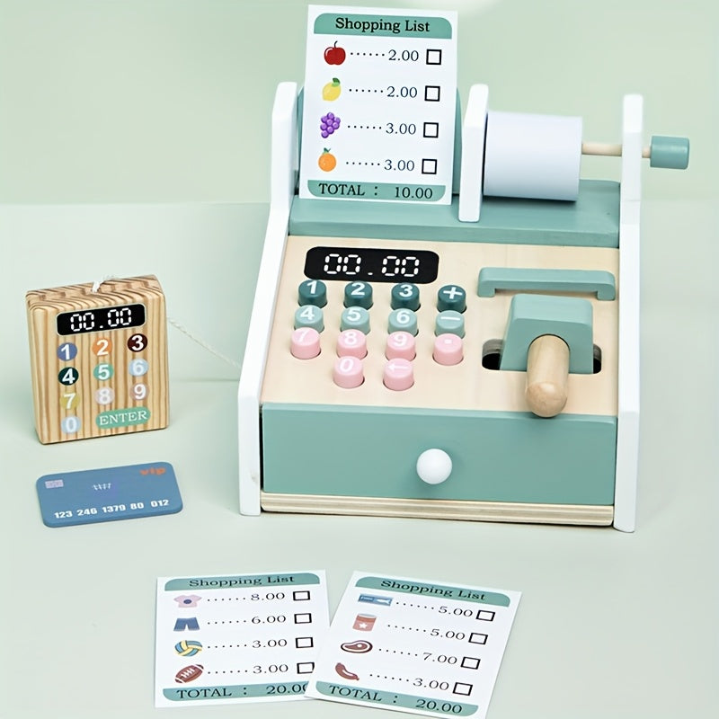 Wooden Supermarket Cash Register Toy Set with Shopping List and Coin Slot