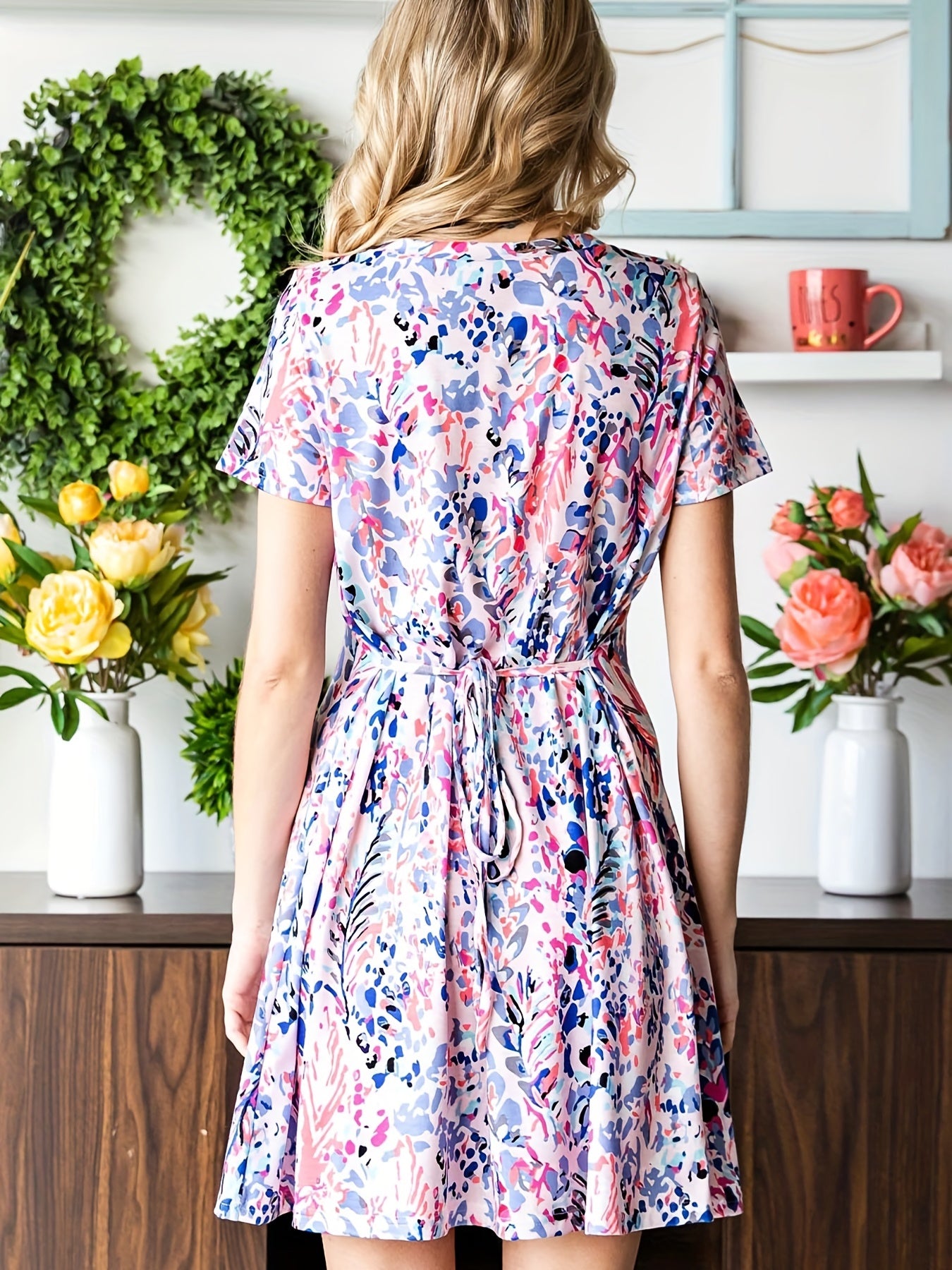 Plants Print Crew Neck Dress Boho Short Sleeve Midi Dress Women's Clothing
