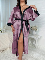 Nightgown Satin Heart & Letter Print Belted Robe