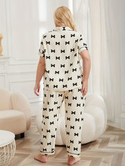 Bow Knot Print Pajama Set Short Sleeve Shirt & Pants