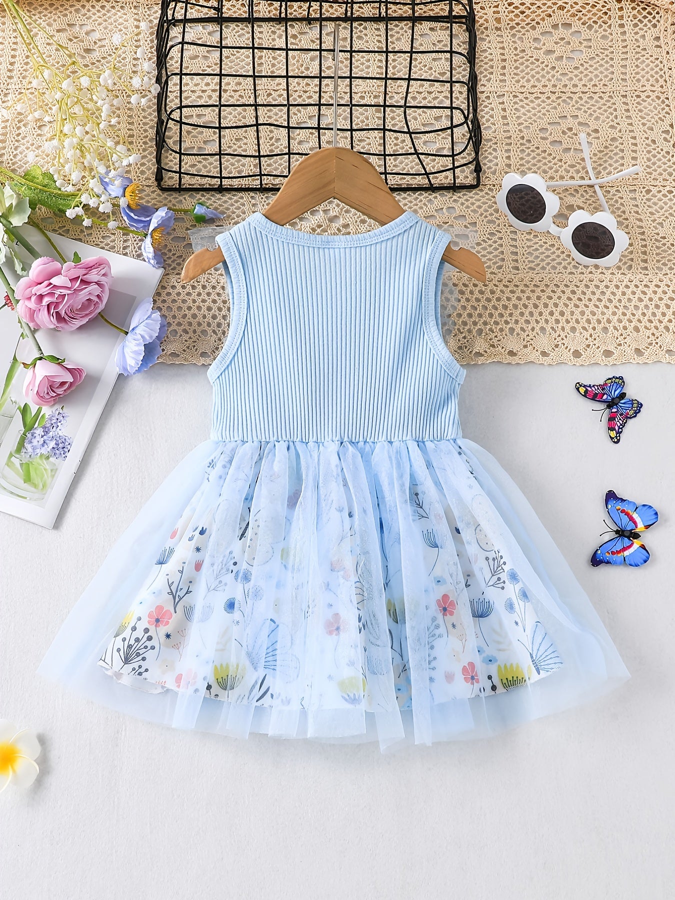 Girls Floral Sleeveless Mesh Dress