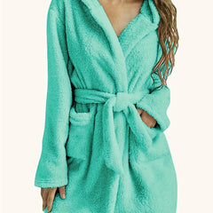 Cozy Fuzzy Hooded Robe with Belt & Pockets