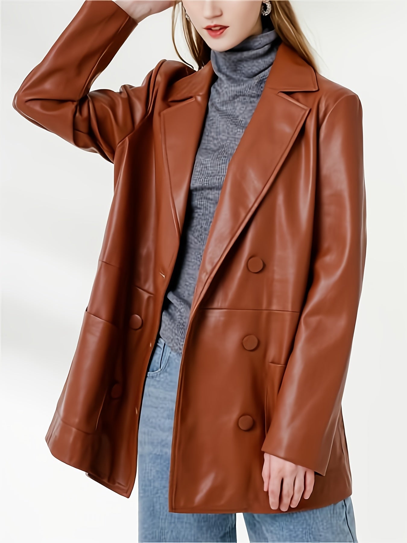 PU Leather Double Breasted Blazer Long Sleeve Lapel