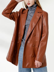 PU Leather Double Breasted Blazer Long Sleeve Lapel
