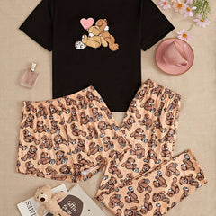 Cute Bear Print Pajama Set for Women