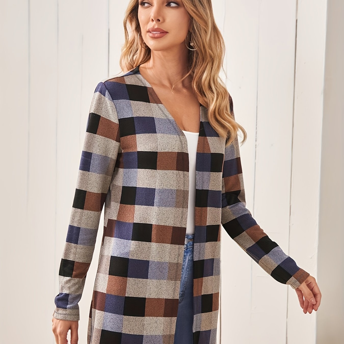Plaid Print Cardigan Open Front Long Sleeve Outerwear