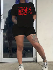 Woman Figure & Letter Print Tee & Shorts Set