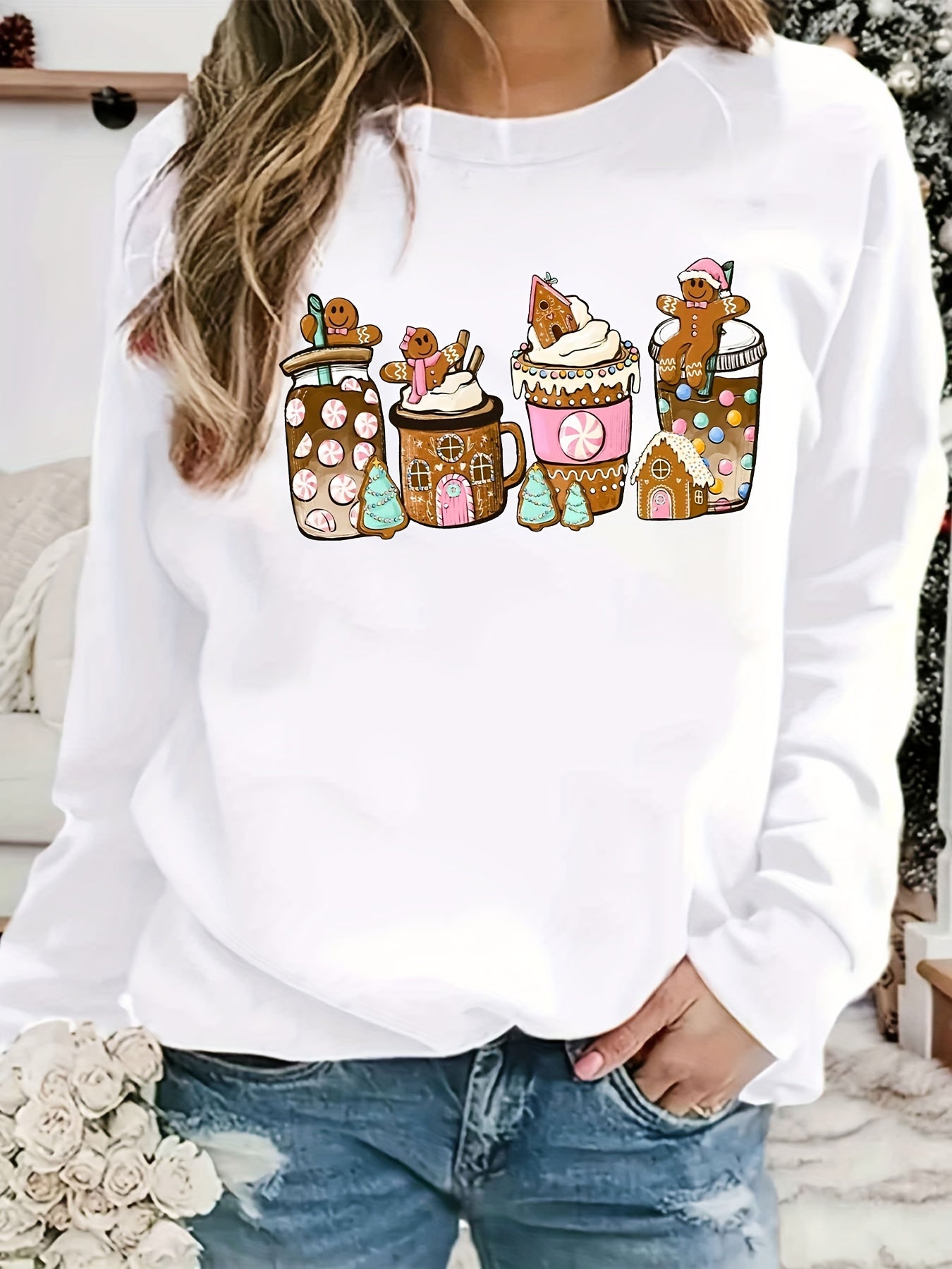 Christmas Coffee Print Loose Sweatshirt Casual Long Sleeve