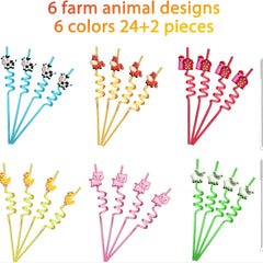 24pcs Farm Animal Plastic Straws & 2 Cleaning Brushes