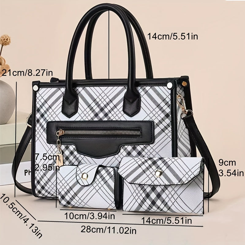 3pcs Classic Plaid Handbag Set Large Capacity Shoulder Bag