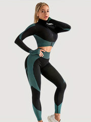 Yoga Crop Top & Leggings Set, Long Sleeve Zipper Workout, High Waist