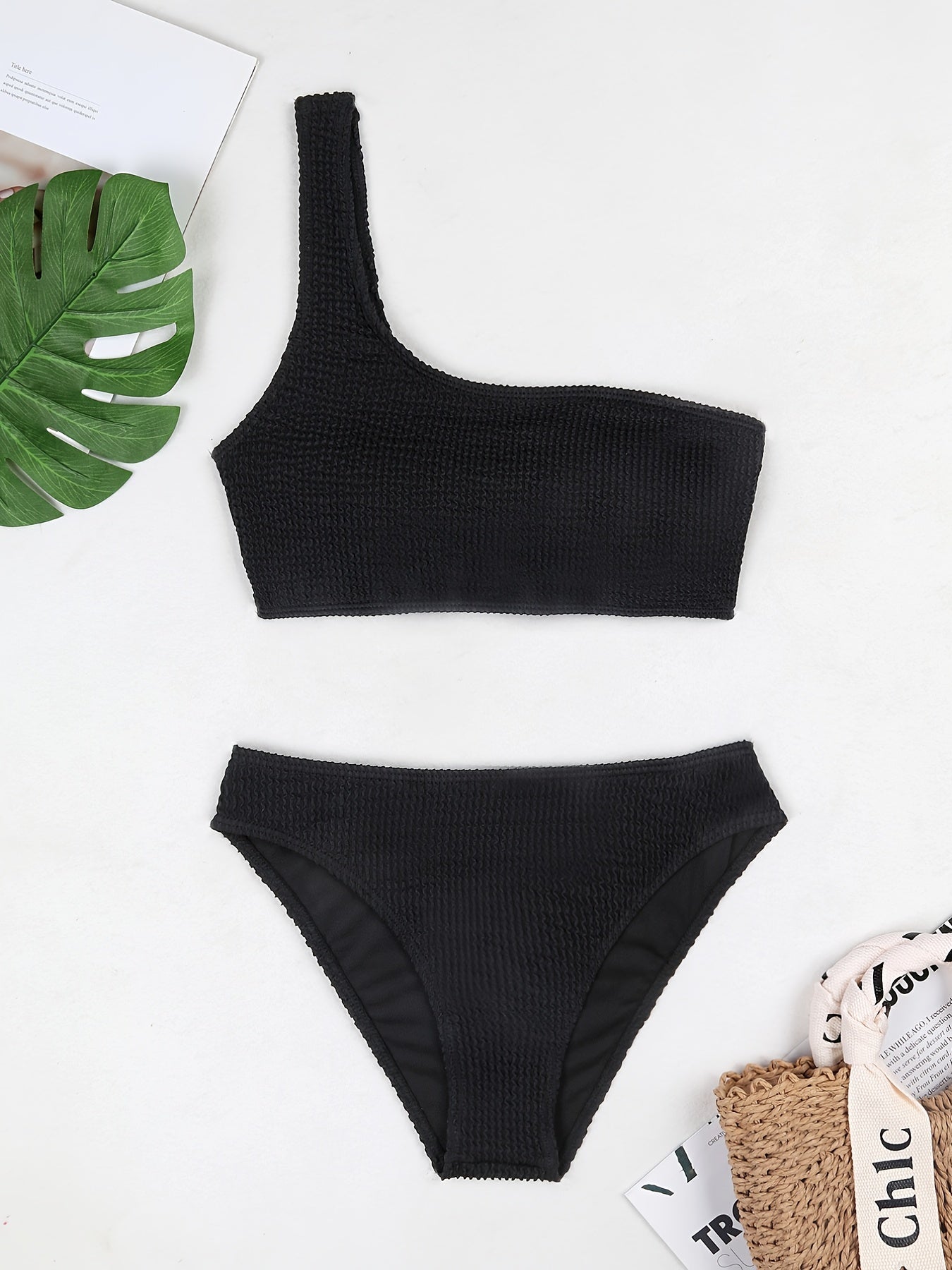 One Shoulder Solid 2 Piece Set Bikini Asymmetric Ruched Swimsuit