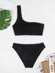 One Shoulder Solid 2 Piece Set Bikini Asymmetric Ruched Swimsuit
