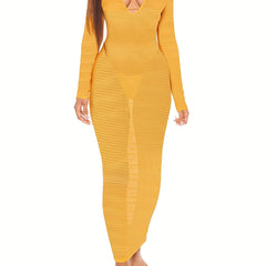Deep V Neck Knitted Cover Up Dress Solid Ankle Length Sexy Beach Cover Up