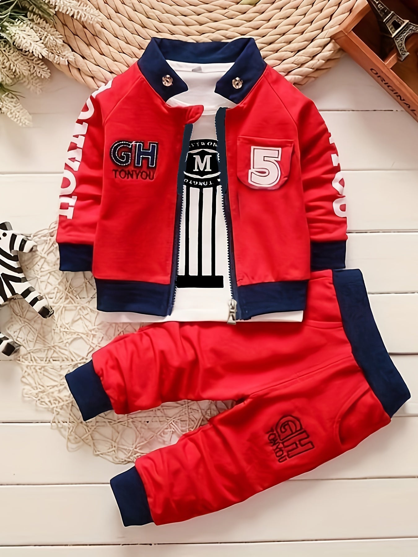 3pc Kids Cotton Suit Set Zipper Coat T-shirt Trousers Party Cl