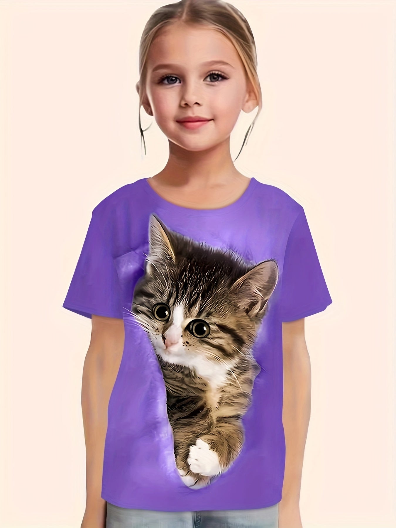 Cat Print Short Sleeve T Shirt Girls