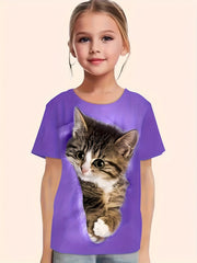 Cat Print Short Sleeve T Shirt Girls