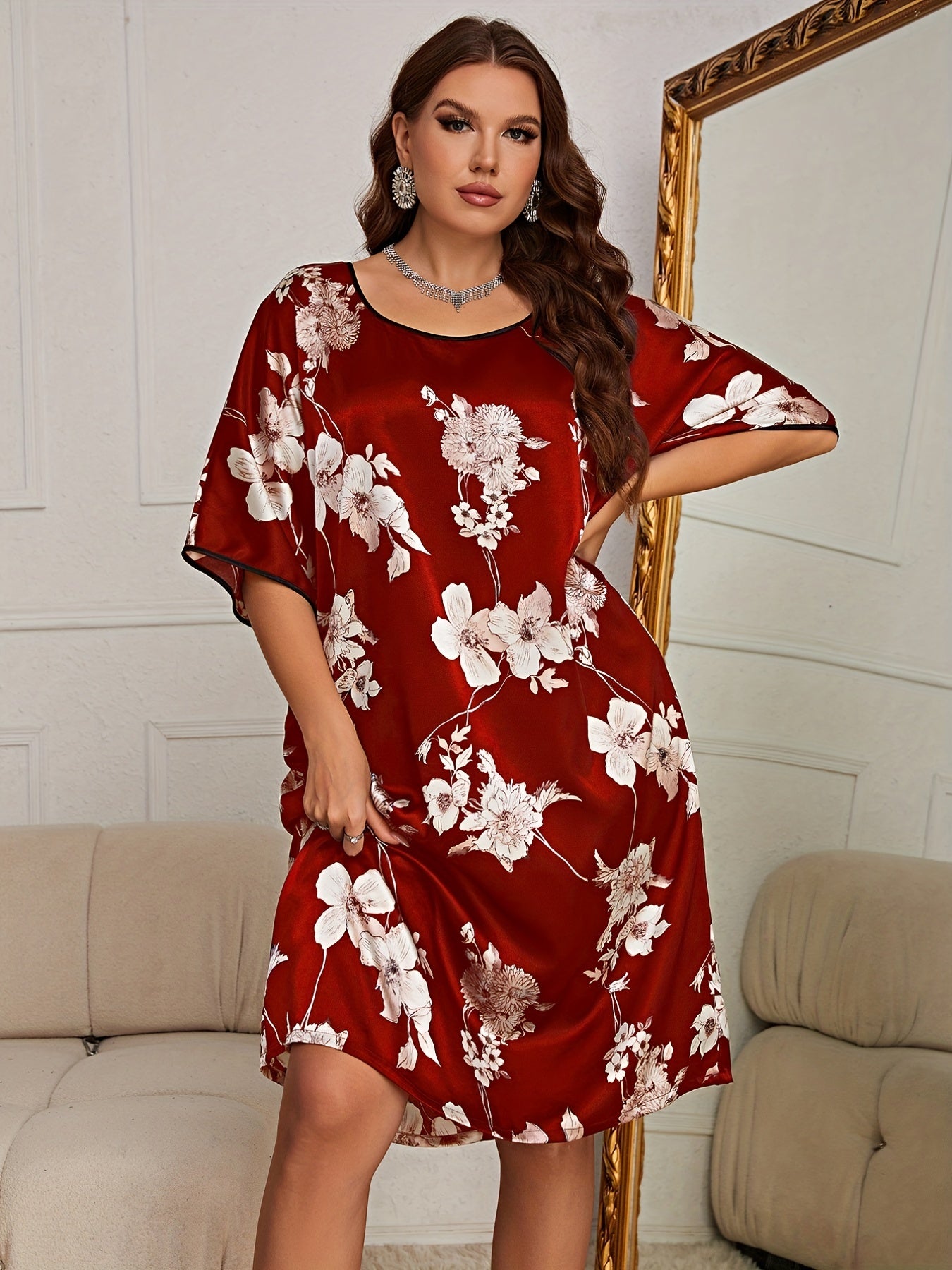 Floral Print Satin Loungewear Dress