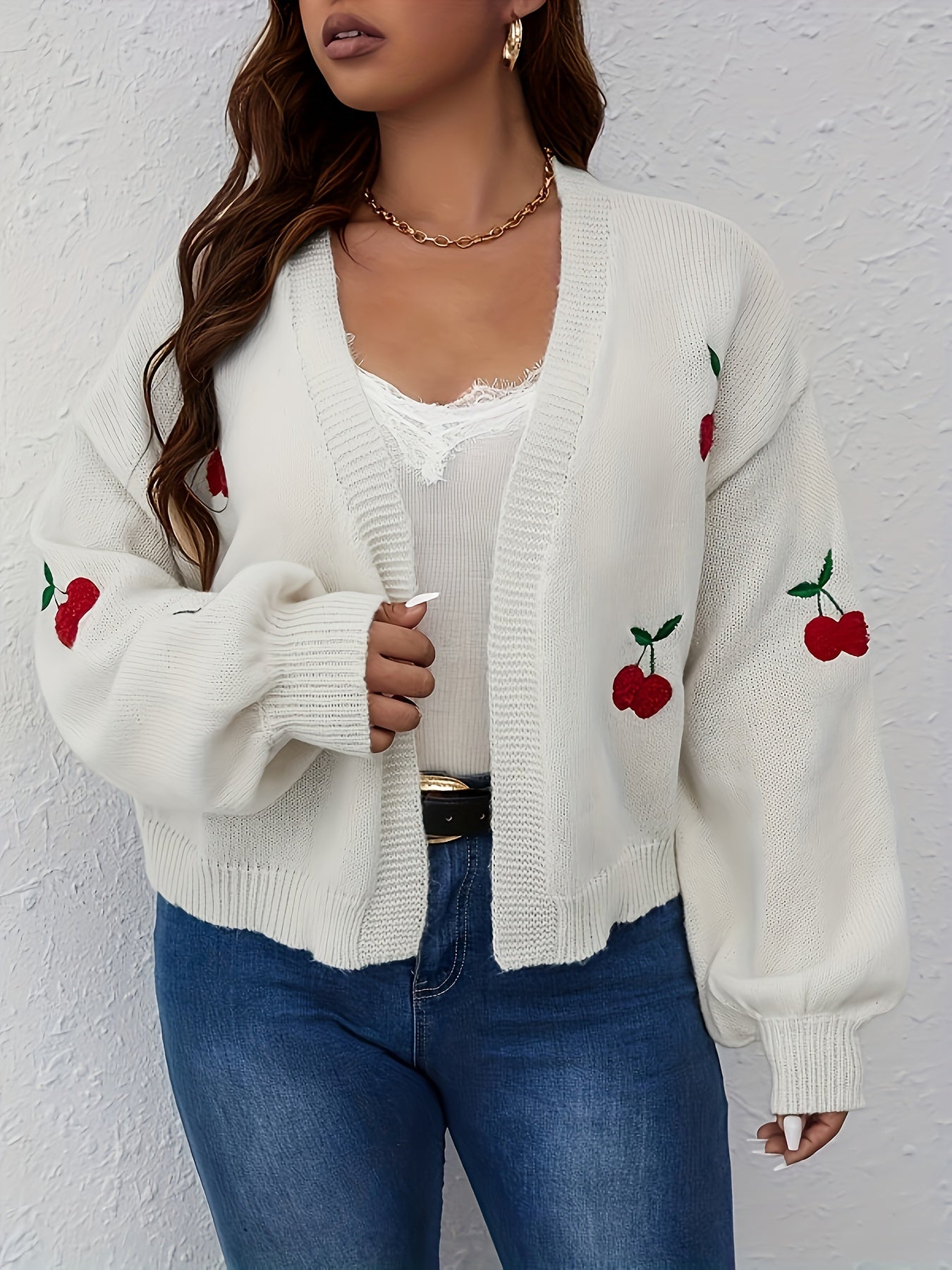 Cherry Embroidery Lantern Sleeve Knit Cardigan