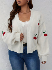Cherry Embroidery Lantern Sleeve Knit Cardigan