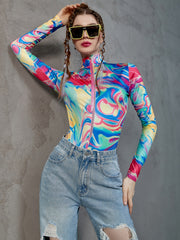 Print Zip Up Bodysuit Sexy Long Sleeve One Piece Women's Clothing