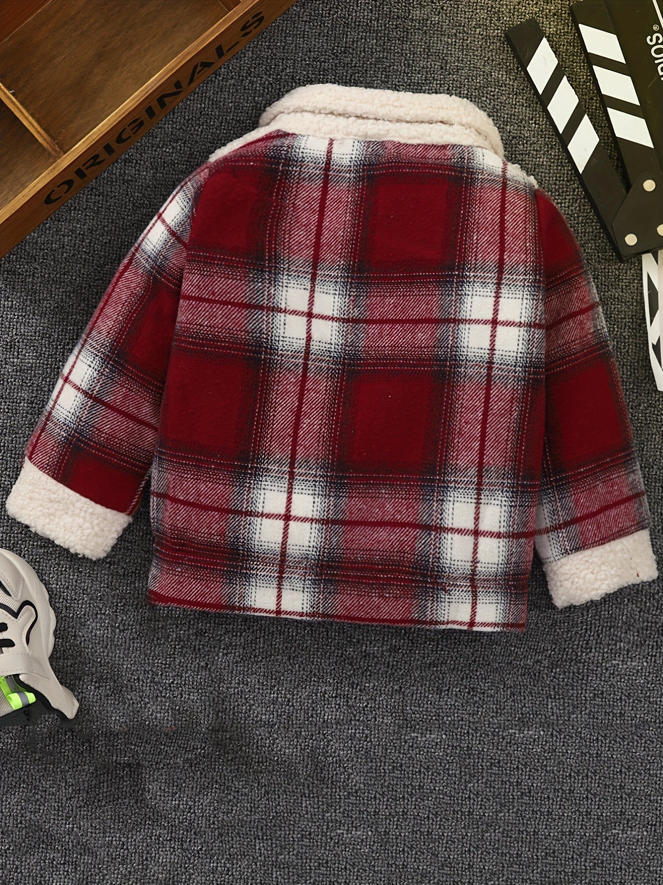 Boys Plaid Long Sleeve Fleece Jacket Zip Up Stand Collar Spring Fall