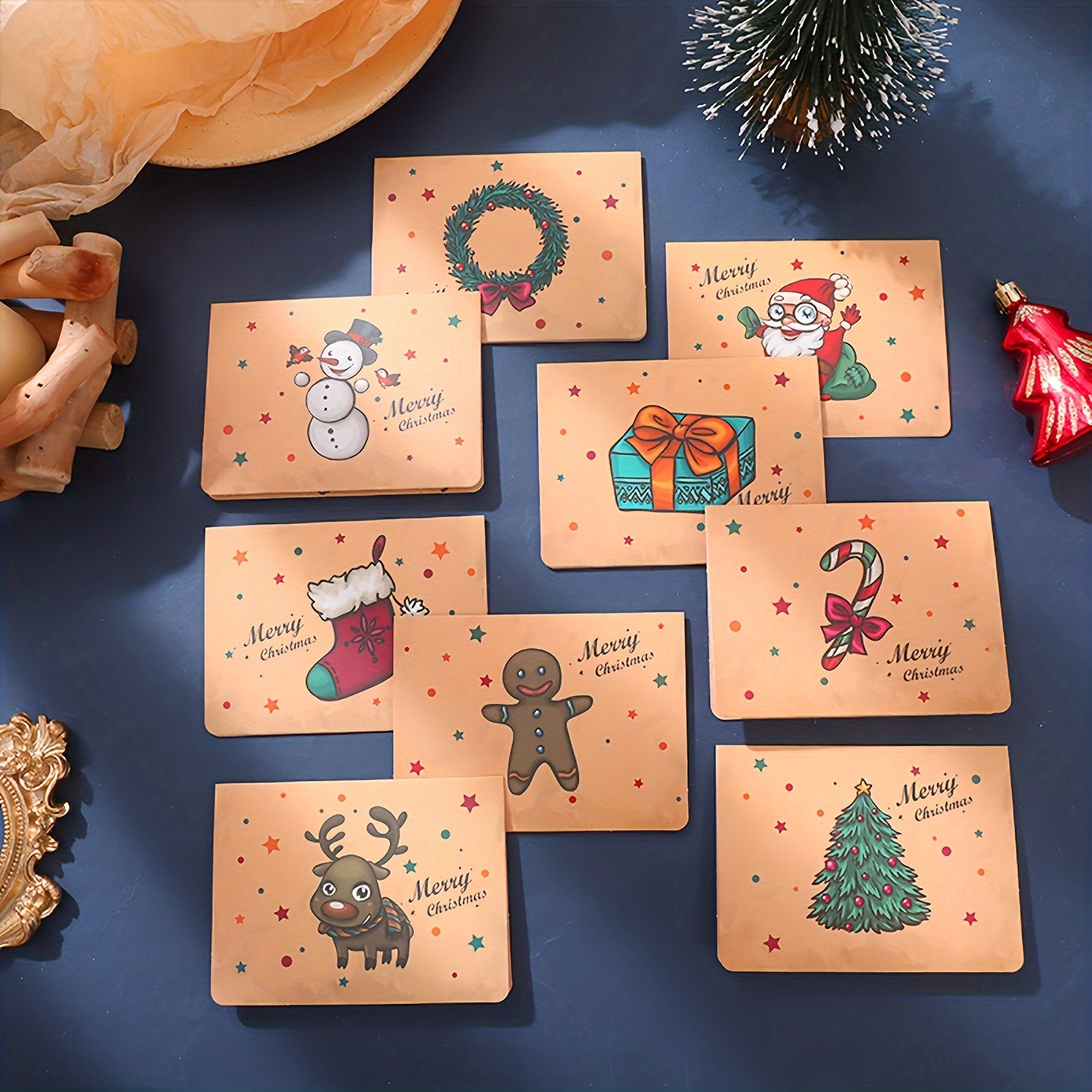 9pcs Christmas Greeting Cards Cartoon Blessing Messages