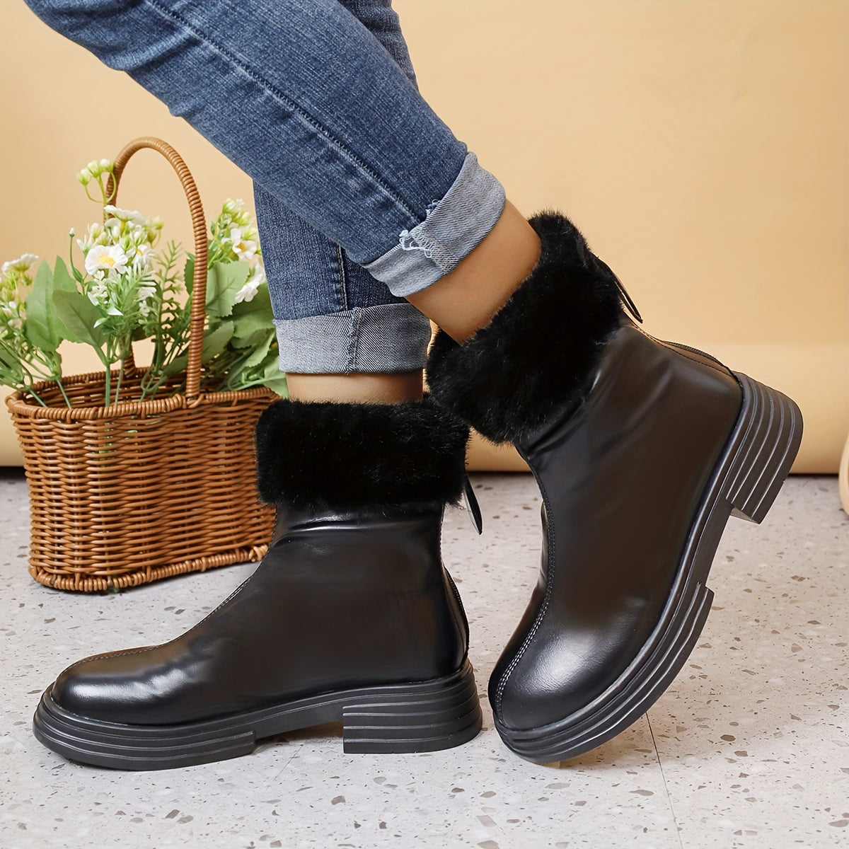 Women's Snow Boots with Plush Lining, Zip Back Soft Faux Leather