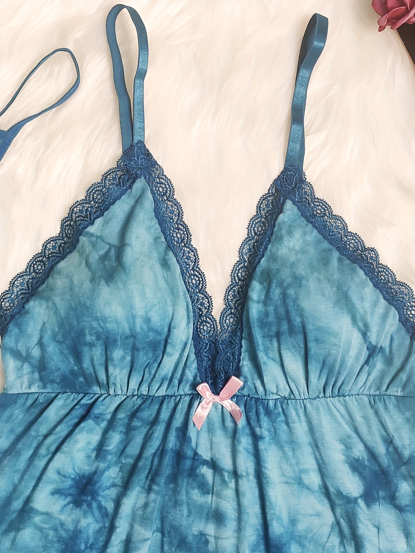 Tie Dye Print Slip Nightdress Lace Trim Backless Sleep Dress Women's Sleepwear