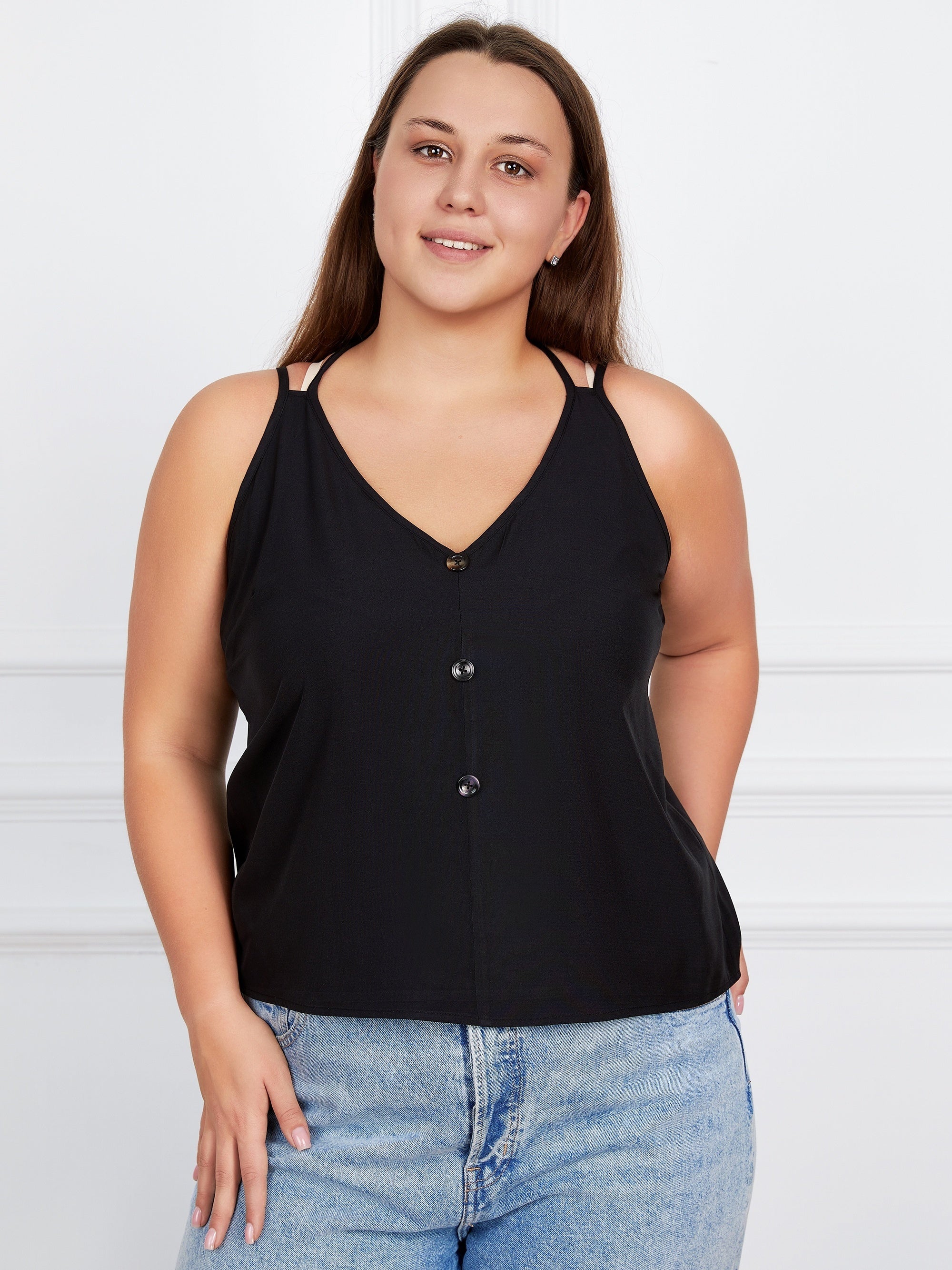 Casual Tank Top Women's Plus Plain Button Decor V Neck