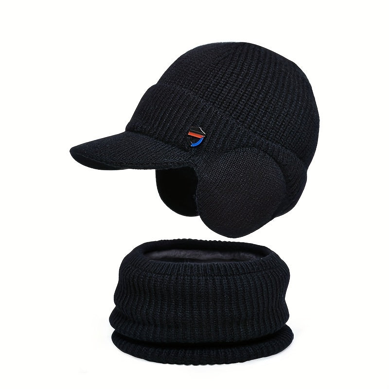 Men's Fleece Beanie Hat & Neck Scarf Set Winter Warm Outdoor Hat Circumference 5