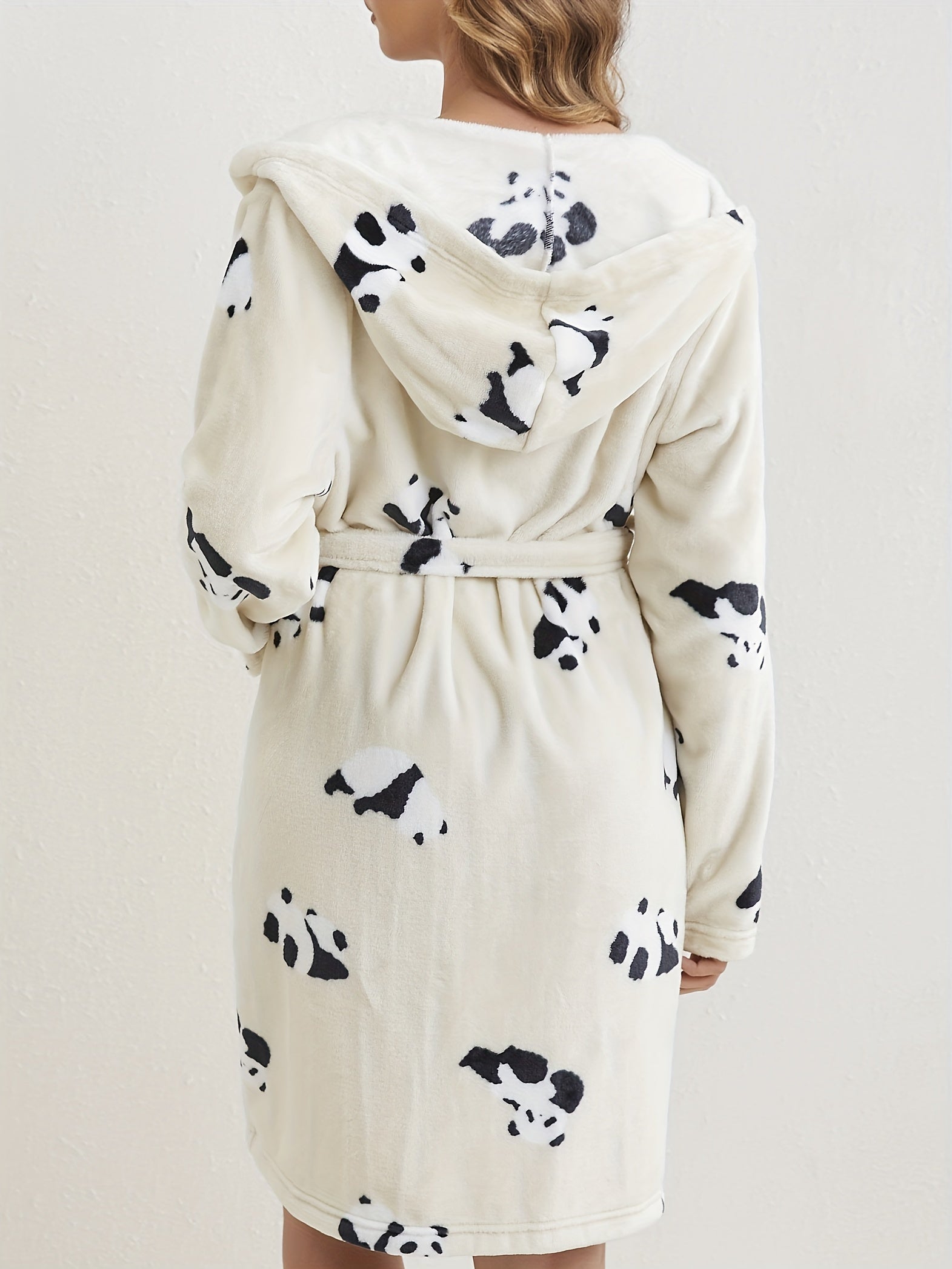 Cartoon Panda Print Hooded Fuzzy Robe Women's Sleepwear