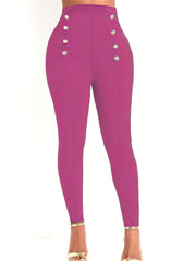 Solid Button Decor Carrot Pants Casual Slim Elastic Waist Pants