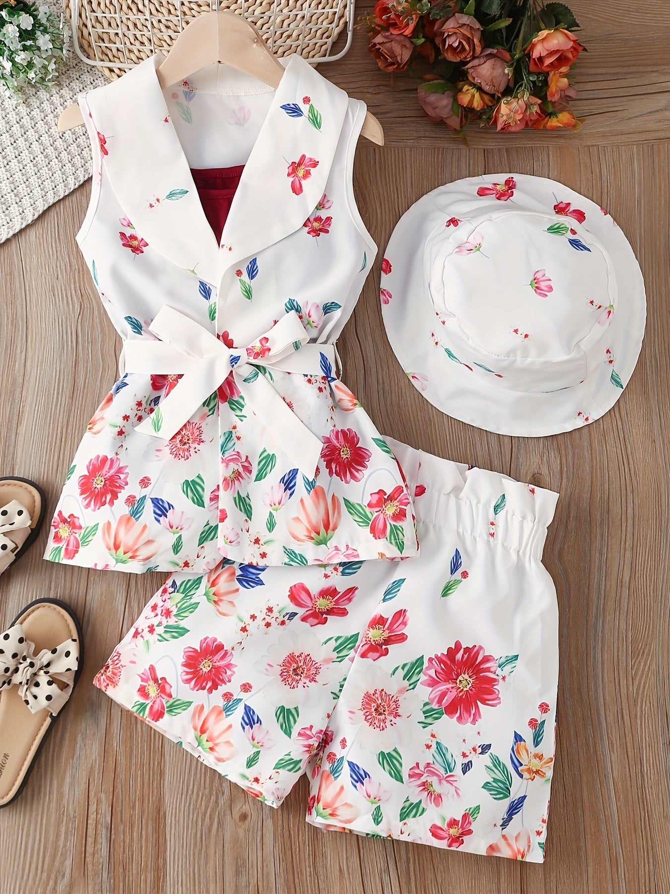 Girls Floral Suit Sleeveless Shirt Shorts Belt Hat Set