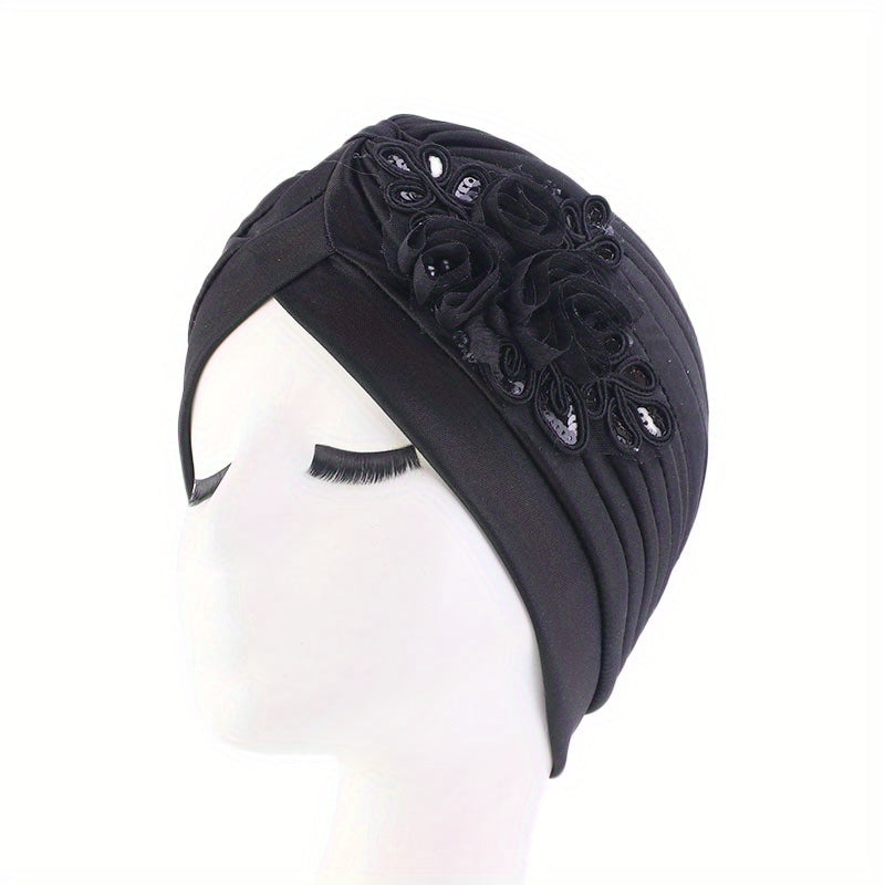 Sequin Flower Decor Turban Cap Pleated Bonnet Head Wrap