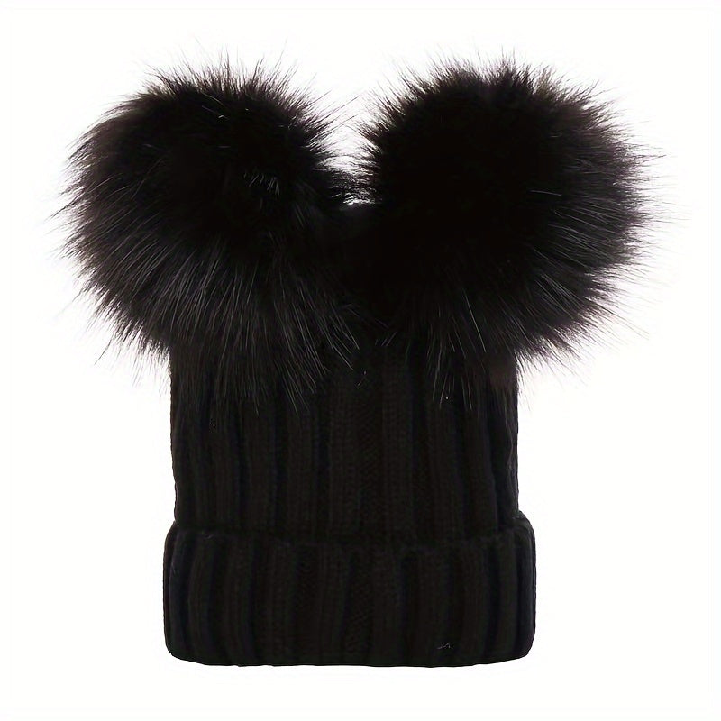 Velvet Bear Beanie With Pom - Women's Warm Knit Hat