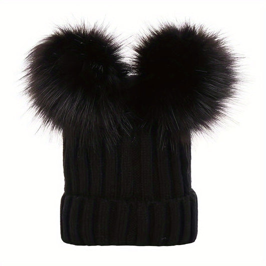 Velvet Bear Beanie With Pom - Women's Warm Knit Hat