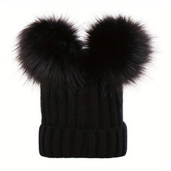 Velvet Bear Beanie With Pom - Women's Warm Knit Hat