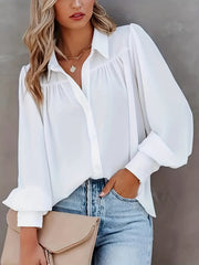 Solid Button Up Lantern Sleeve Blouse